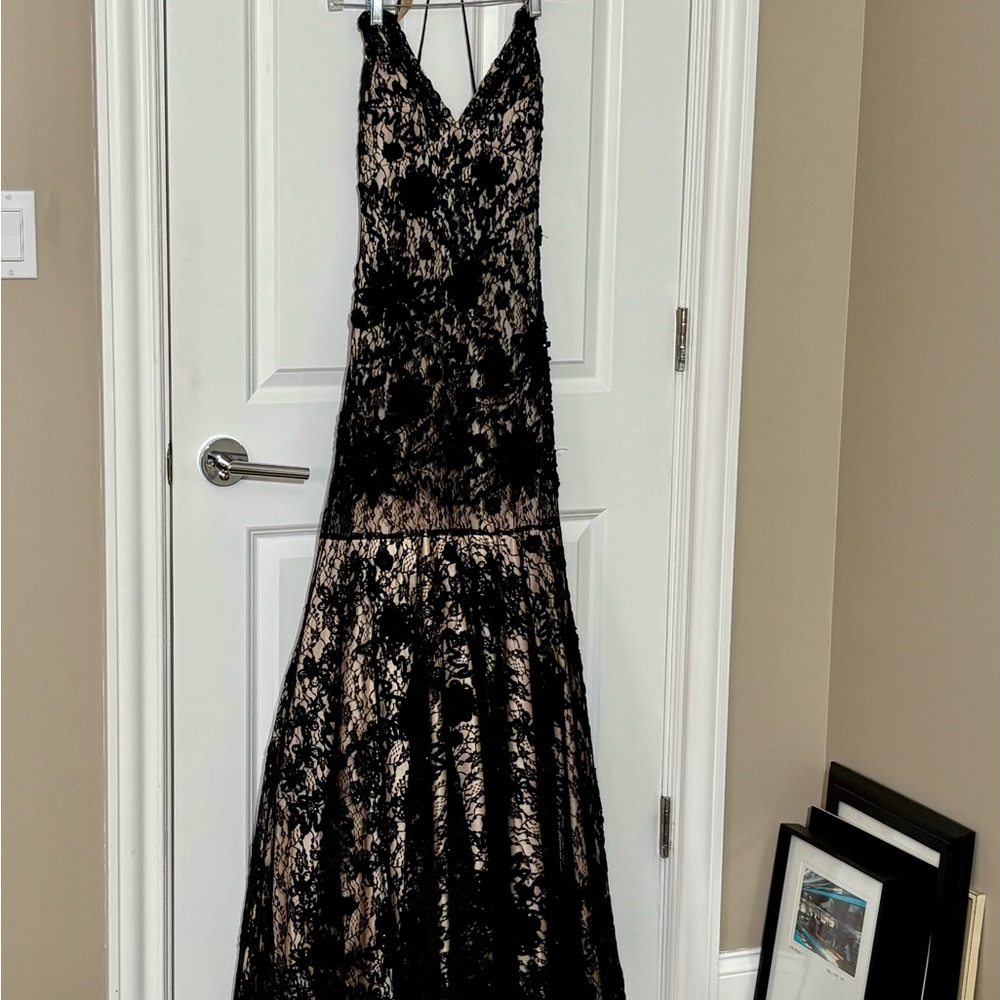 size 2 black lace maxi gown with nude underlay